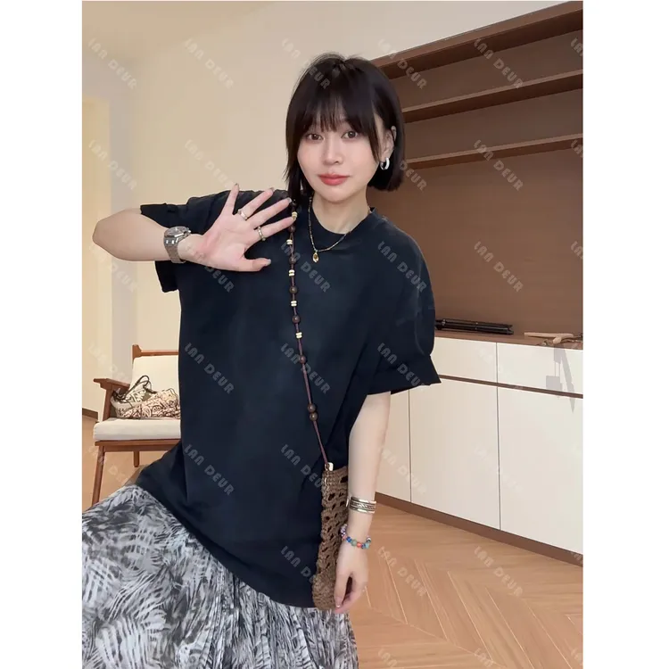 【海岛漫步】极简老钱风水洗做旧破洞圆领休闲宽松短袖T恤女上衣