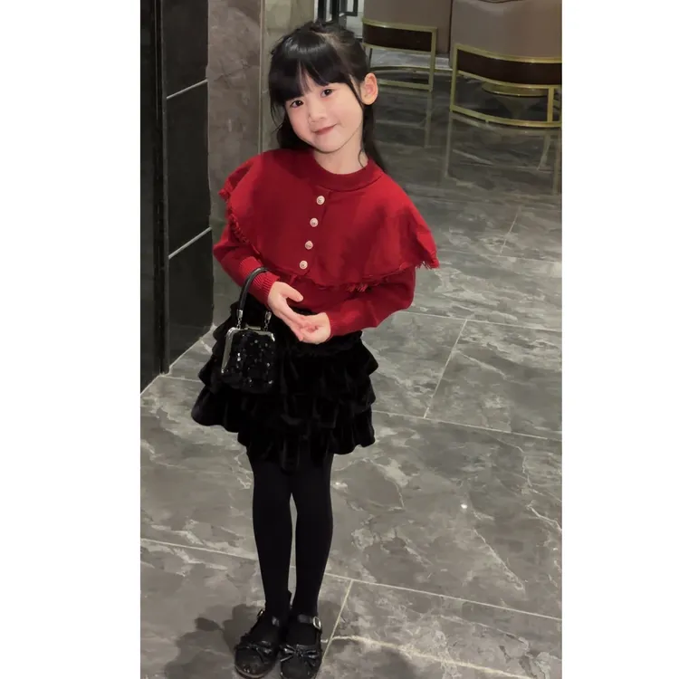 女童小香风假两件斗篷毛衣针织衫高级黑丝绒裙子套装