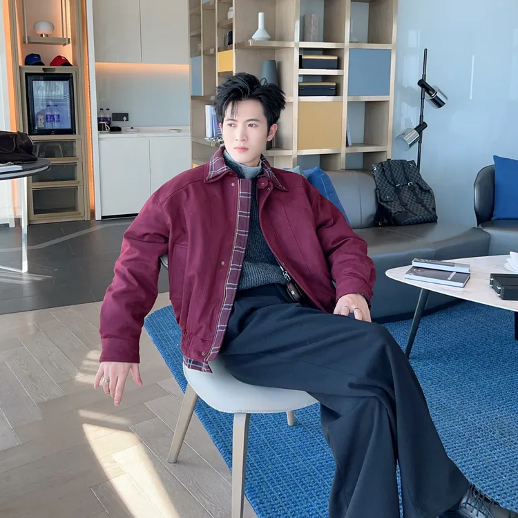 冬季假两件拼格子夹克羽绒服男生麂皮复古外套韩系宽松白鸭绒上衣