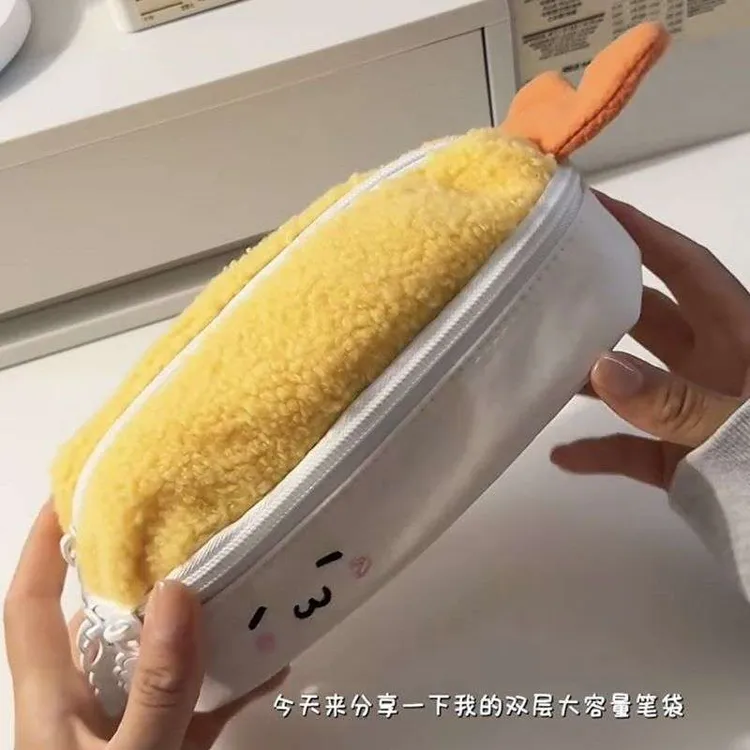 炸虾笔袋可爱卡通毛绒文具袋大容量收纳包女初中多功能新款ins
