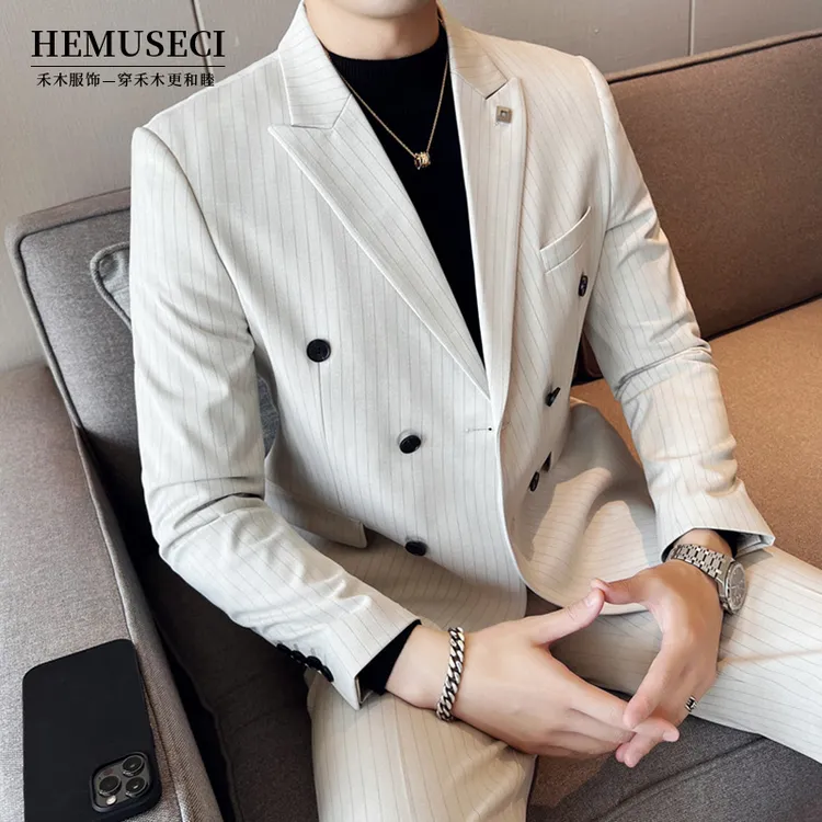 高档男士正装质感修身结婚西服套装帅气条纹双排两粒扣西装三件套