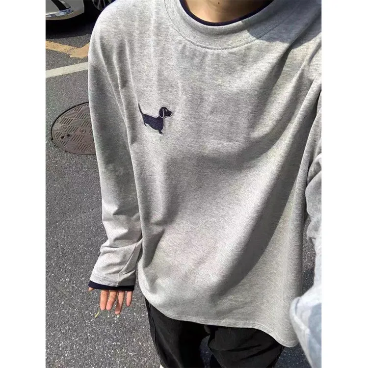 秋季T恤小狗立体刺绣长袖休闲假两件撞色灰色上衣打底衫男情侣i