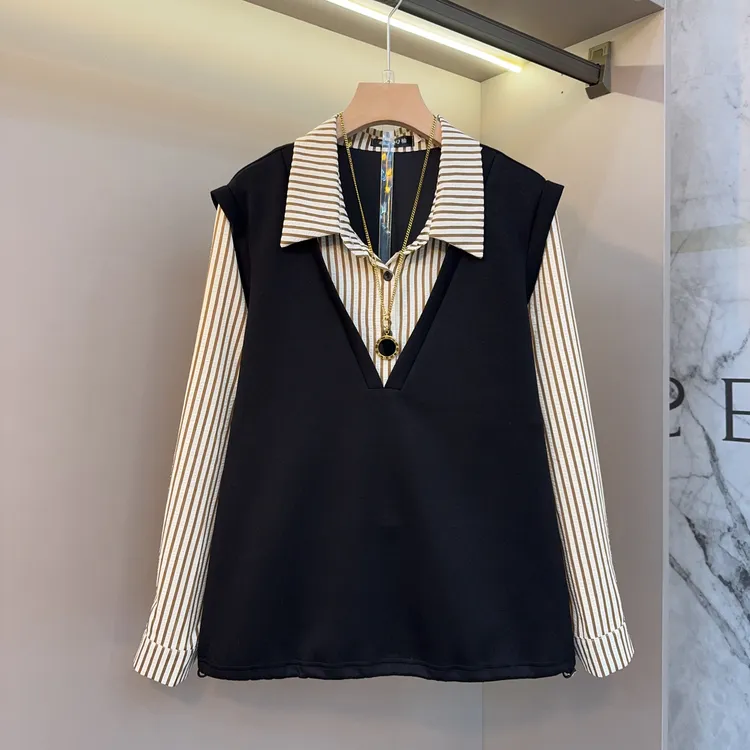 大码女装2025年新款春季假两件衬衫女显瘦胖mm独特别致韩式上衣