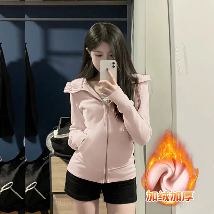 lulu加绒加厚卫衣修身连帽上衣女短款2025新春款显瘦长袖外套01