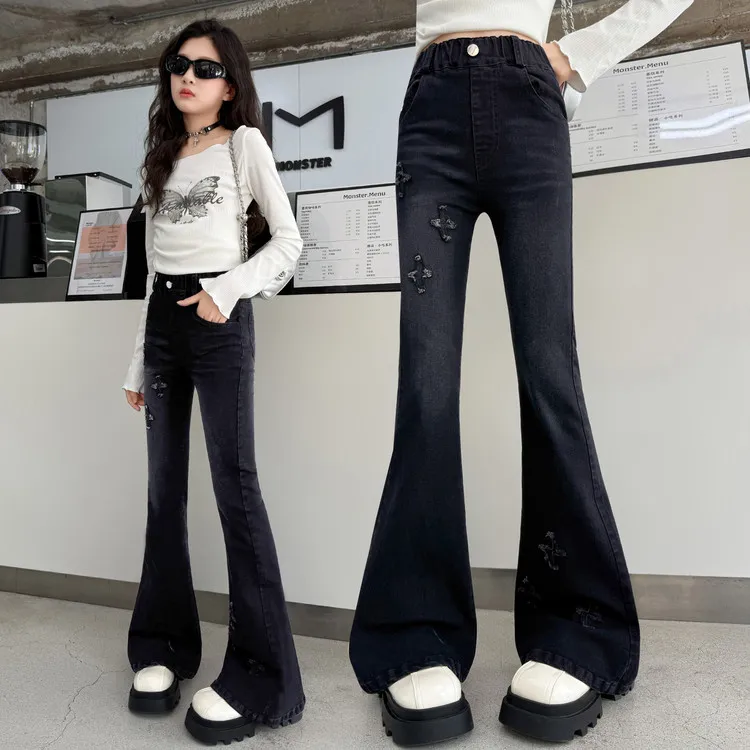 女童喇叭裤2025秋冬新款6-12岁15岁修身加绒牛仔裤洋气大童微喇裤