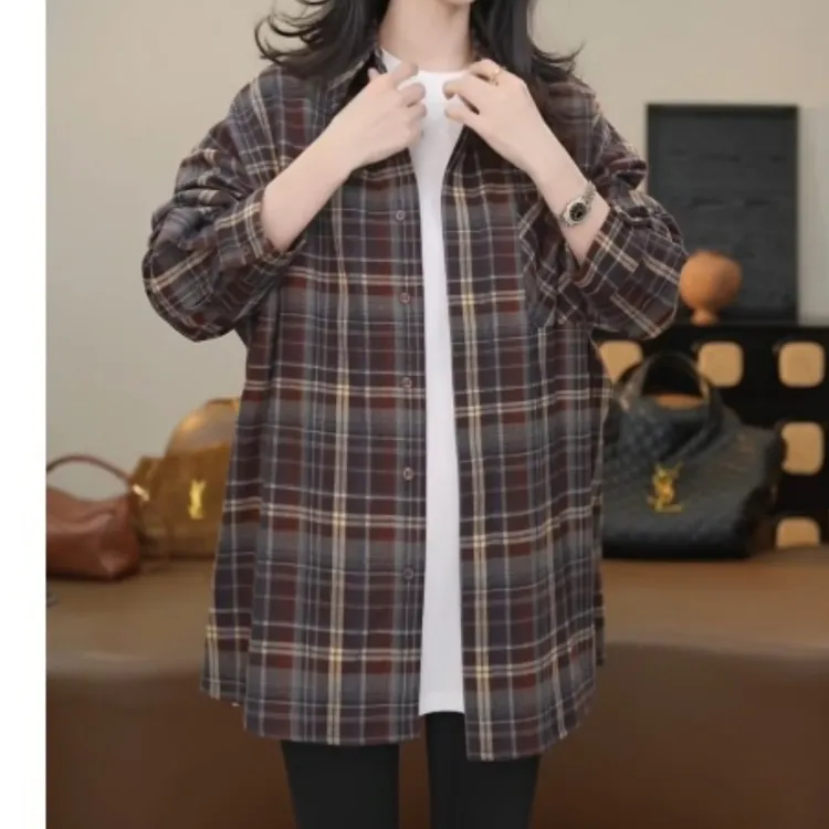 复古宽松时尚设计感咖色格子衬衫翻领LK2508152