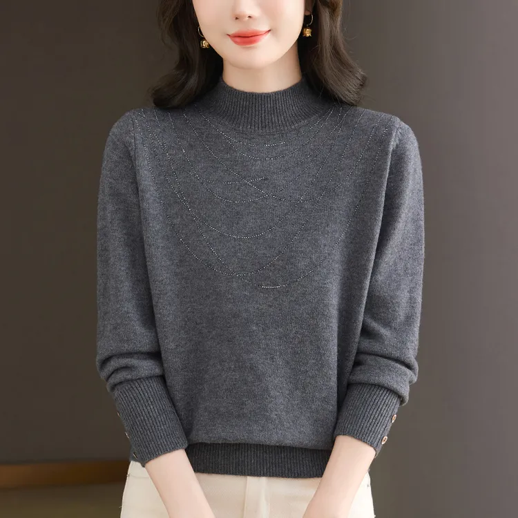 春秋大码女装洋气烫钻针织衫女宽松显瘦内搭秋冬毛衣半高领打底衫