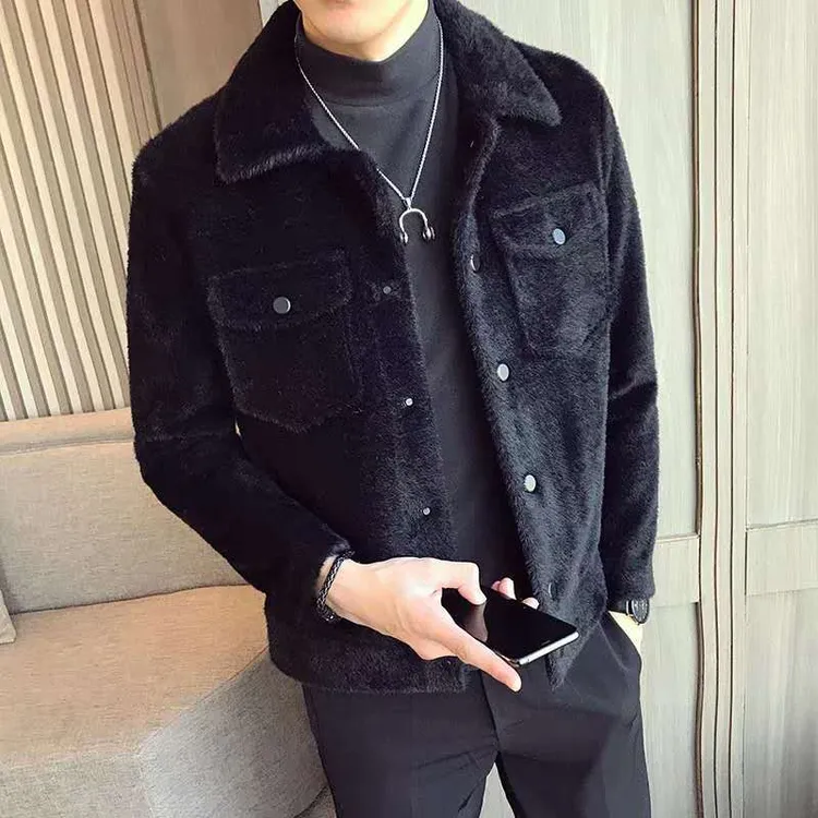 短款冬季直下摆男士斜纹翻领夹克加厚加绒外套休闲男装秋冬季时尚