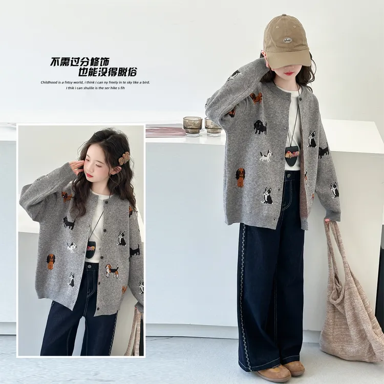 女童秋季针织洋气外套6-12岁休闲儿童毛衣宽松春秋中大童开衫套装