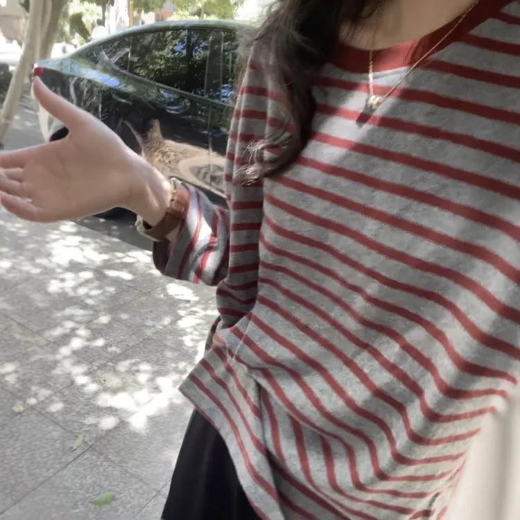 秋季新款复古双色条纹T恤打底衫女韩版休闲宽松百搭oversize上衣