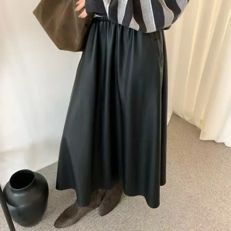 【海岛简爱】秋冬新款高腰显瘦a字松紧腰复古百搭半身皮裙25753