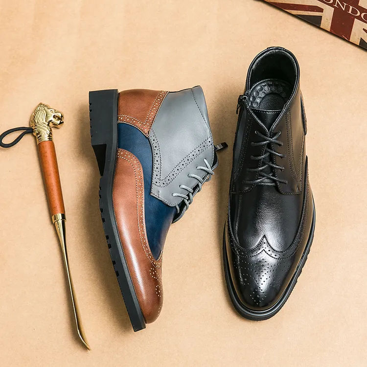 男士软底布洛克皮鞋雕花高帮内增高马丁靴复古百搭鞋拼色休闲短靴