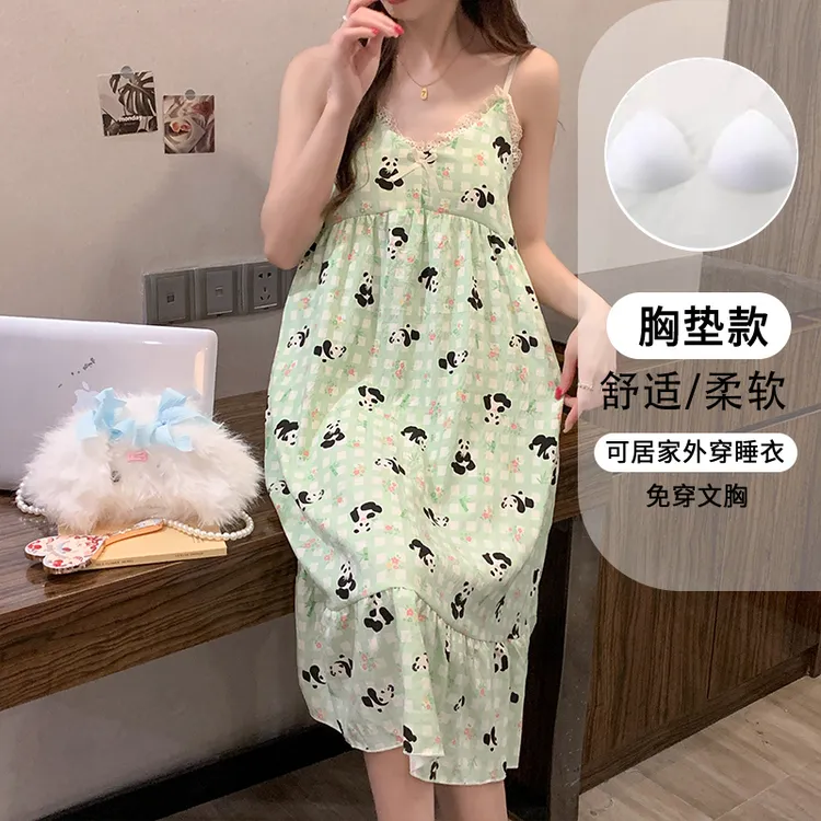 云朵棉睡衣女夏季新款带胸垫甜美少女可爱卡通熊猫吊带睡裙家居服