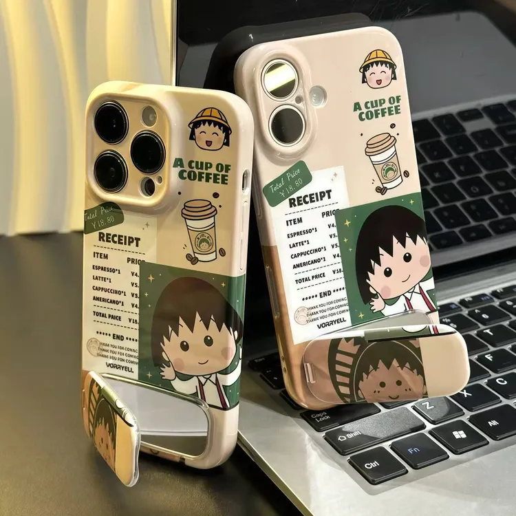 咖啡小丸子镜子支架适用苹果16promax华为vivo卡通小米oppo手机壳