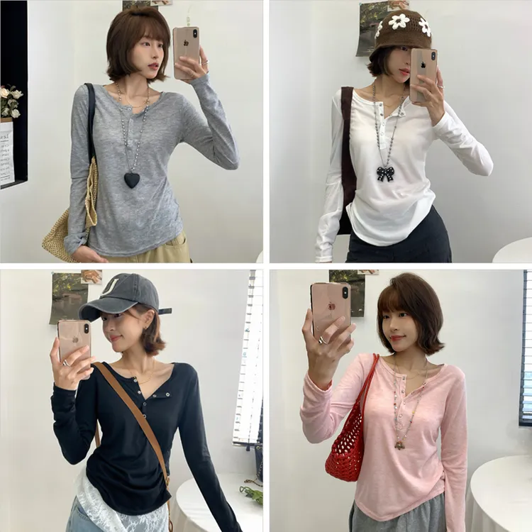 【有运费险】美式纯色亨利领打底衫女秋季内搭休闲长袖T恤上衣N
