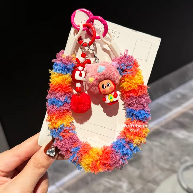 渐变彩色毛绒秋冬手机挂绳手绳编织卡通挂件创意防丢手提便携挂链