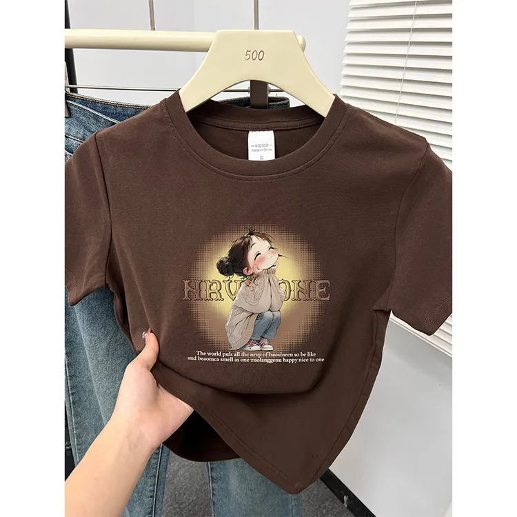 春夏季2025年新款韩版时尚洋气印花正肩圆领短袖t恤女打底衫上衣