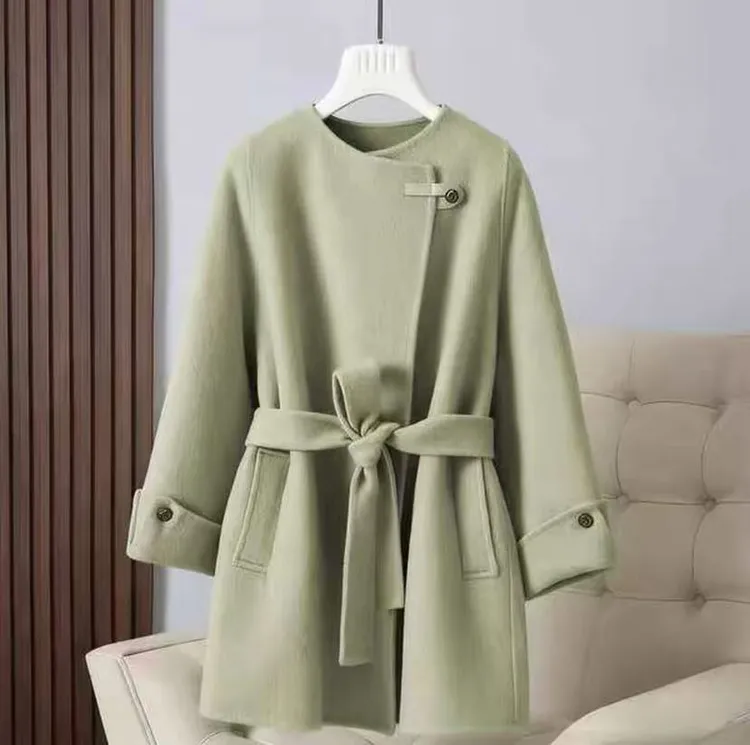 2025秋冬新款高端双面毛呢大衣单粒扣腰带中长款百搭气质大衣