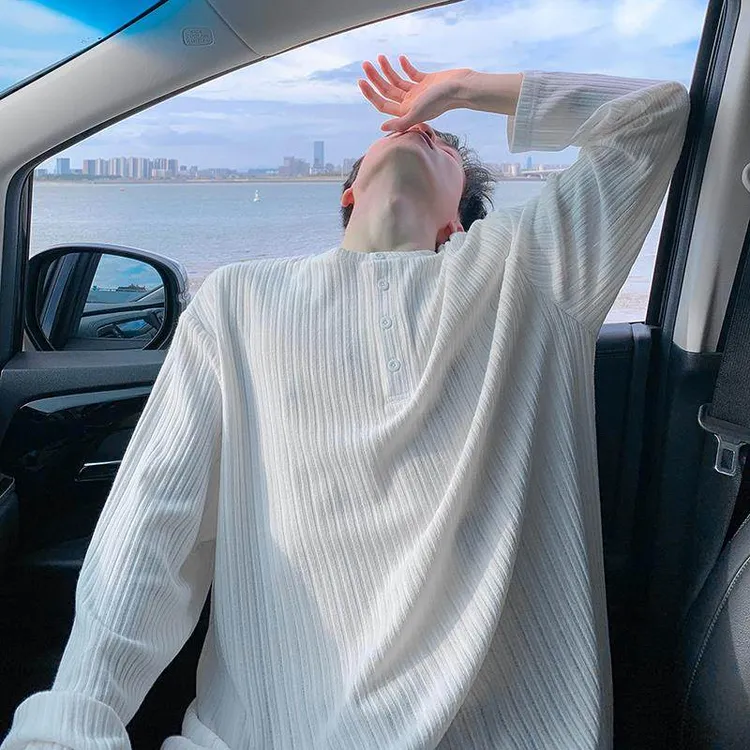 秋季新款T恤宽松潮牌ins条纹老钱风纹理感亨利领大码T恤男百搭