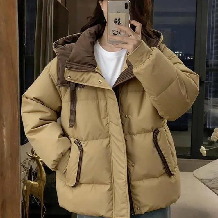 2025冬季新款短款洋气时尚撞色连帽保暖面包服棉衣外套棉服女潮流