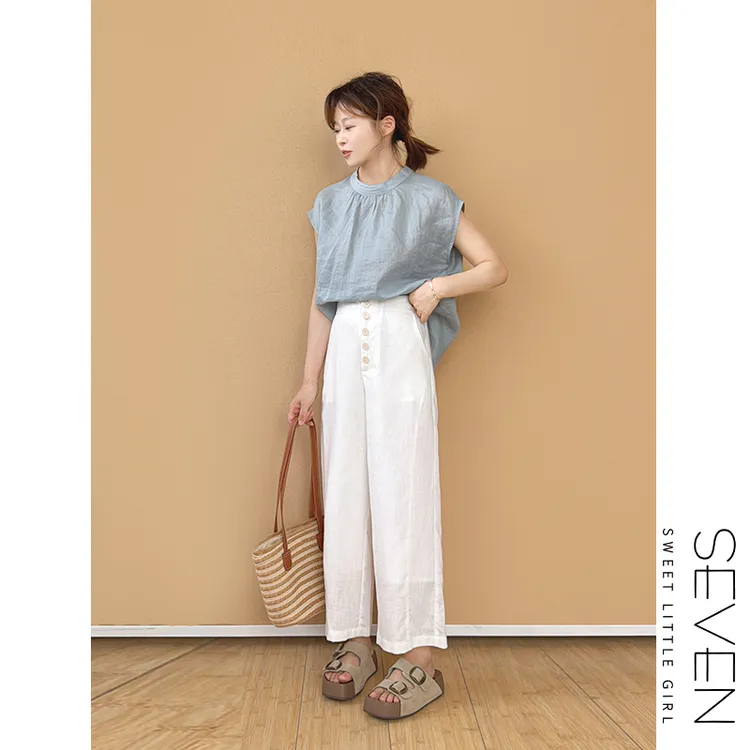懒云裤⑧七七146小个子纯亚麻单排扣薄款宽松休闲裤女款夏季小美说