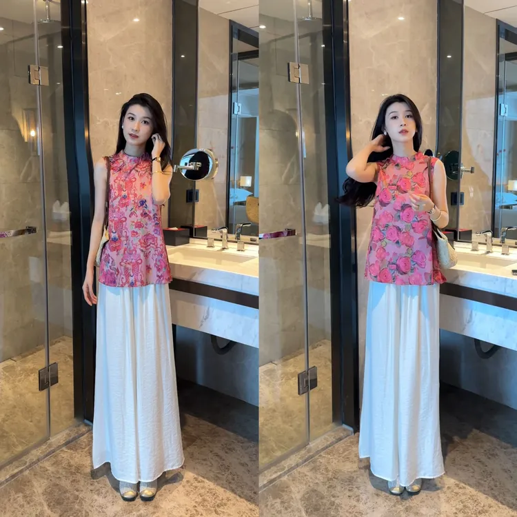 2025新中式提花无袖中长款上衣+国风套装女2025新款爆款洋气