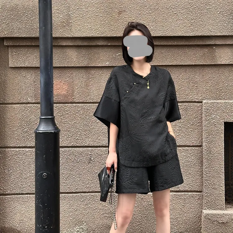 新中式国风提花圆领女士套装2025夏季中袖上衣高腰直筒短裤两件套