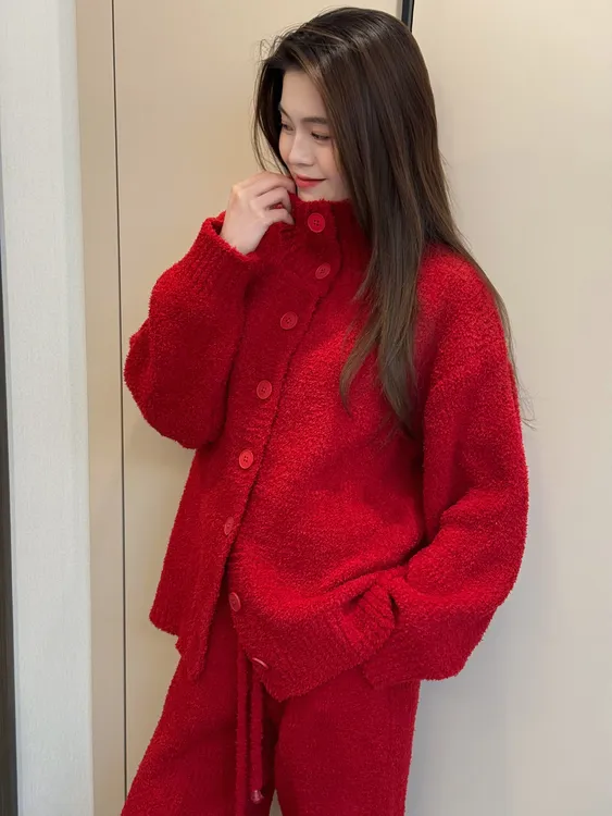 2025秋冬立领加厚休闲宽松纯色简约半边绒家居服睡衣套装男女情侣