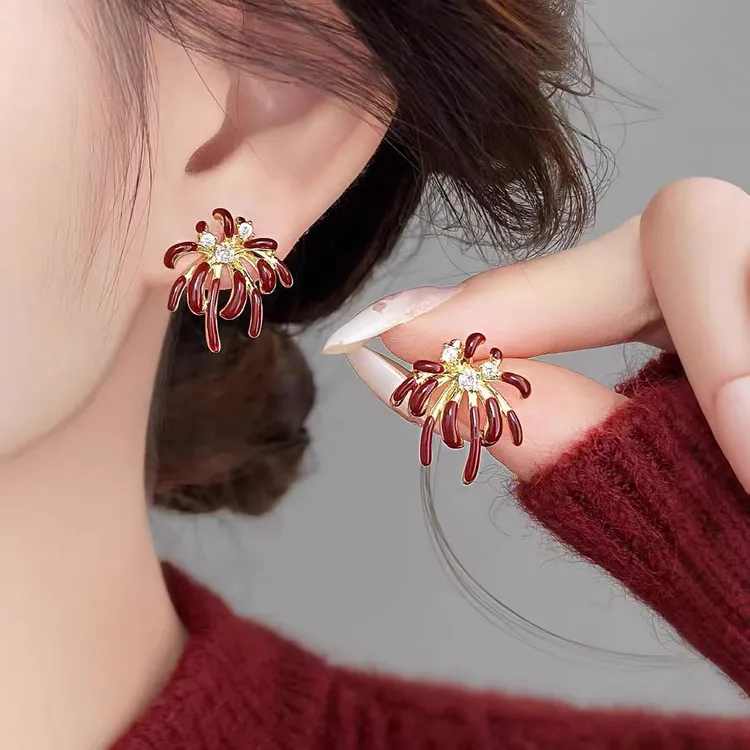 独特漂亮红色烟火耳钉2026新款爆款高级感耳环轻奢气质新年耳饰女