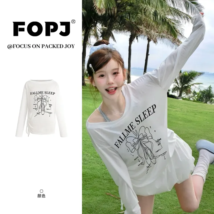 FOPJ时尚纯欲风白色防晒罩衫涂鸦斜肩长袖t恤女时尚百搭显瘦上衣
