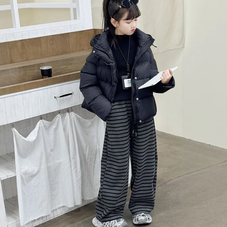 女童冬季白鸭绒外套童装新款条纹加绒裤子一体绒直筒裤套装两件套