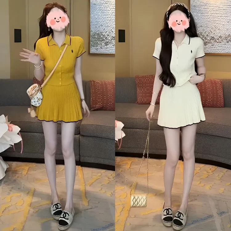 多巴胺服装女2025夏季新款时尚洋气POLO领针织短袖上衣半身裙套装