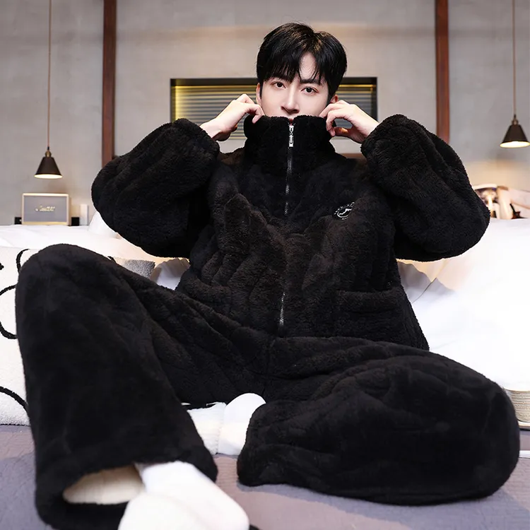 男士睡衣珊瑚绒冬季三层夹棉袄加厚加绒保暖秋冬款青年家居服套装
