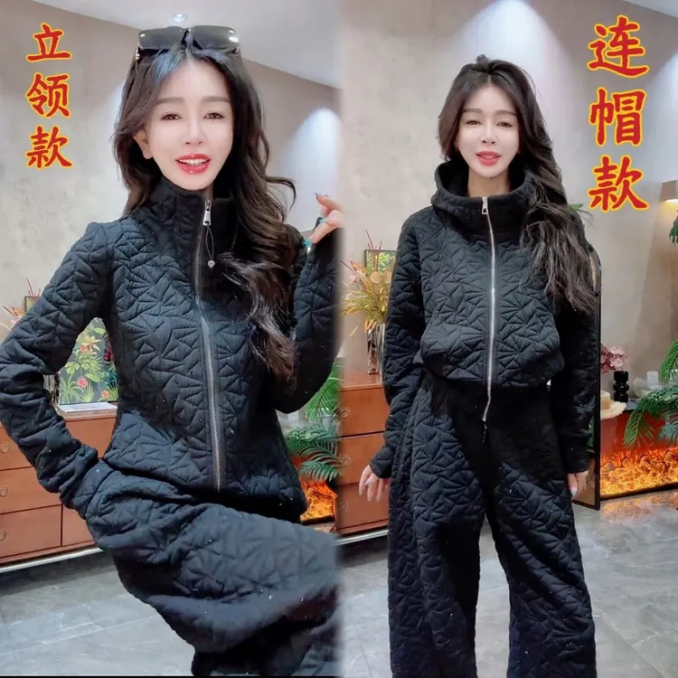 冬季爆款压花星空烫钻加棉套装女潮流风连帽外套休闲裤时尚两件套