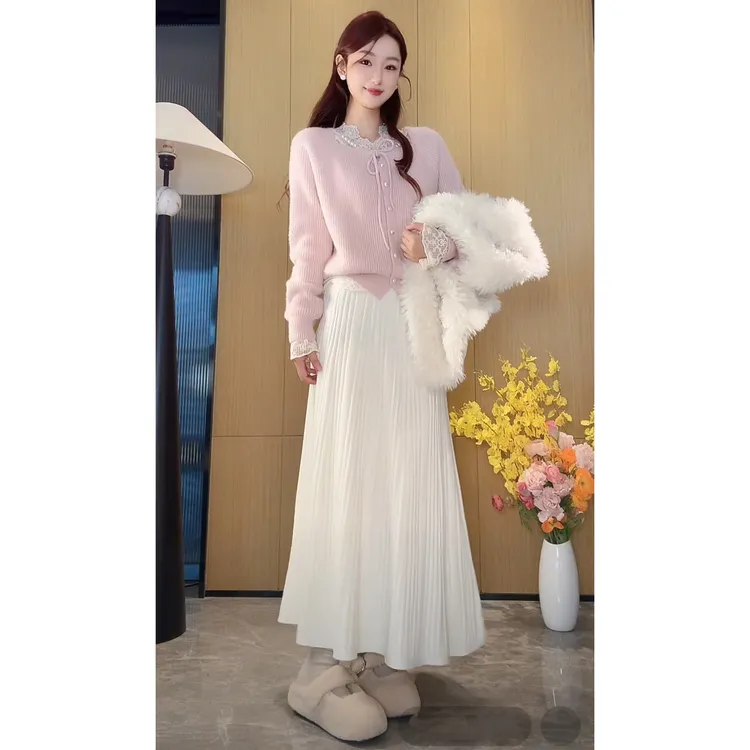 9003温柔风针织裙子半身裙女秋季高腰显瘦A字裙中长款遮肉大摆裙