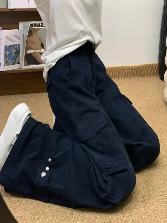 美式宝蓝色工装阔腿牛仔裤女2025秋季新款高腰显瘦收脚设计拖地裤