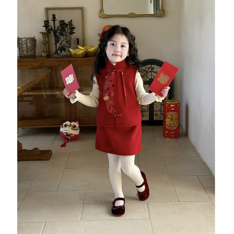 壹妈童装女童韩版秋冬款套头女暗扣中国风套装女童洋气加绒马甲
