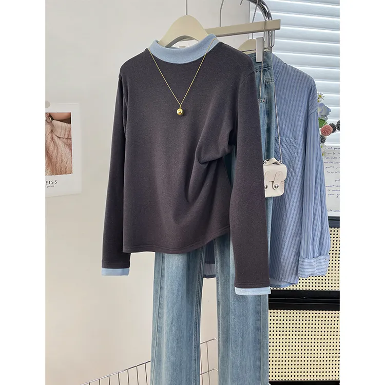 小众撞色独特设计假两件半高领长袖T恤冬季加绒加厚保暖打底衫女