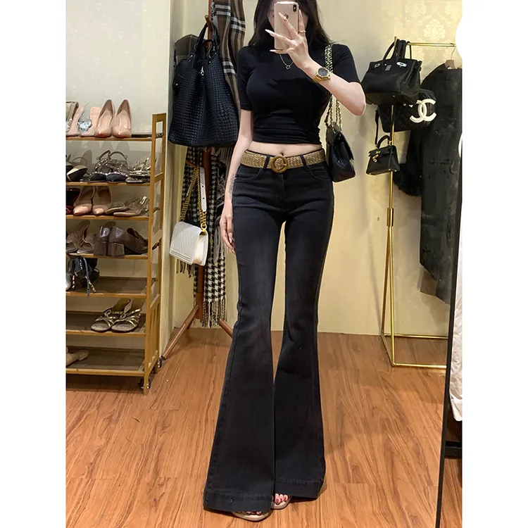 纯欲黑灰弹力微喇牛仔裤女2025年秋季高腰修身显瘦腿精鱼尾喇叭裤