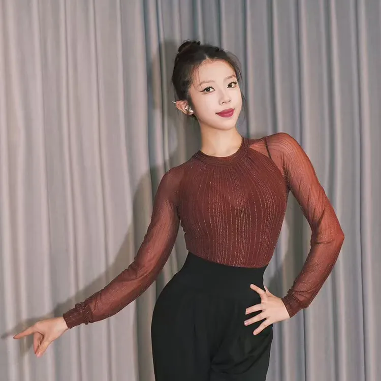 DZ国标2025新品拉丁摩登舞服装女成人灯笼长袖银丝纱连体上衣修身