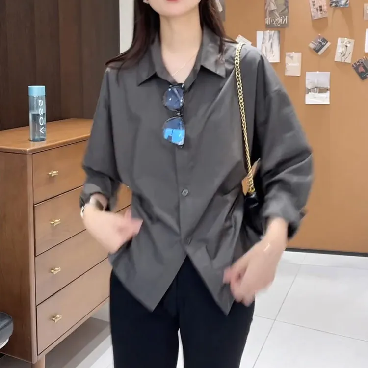 2025秋季新款韩版纯色翻领长袖气质纯色上衣小个子减龄通勤风衬衫