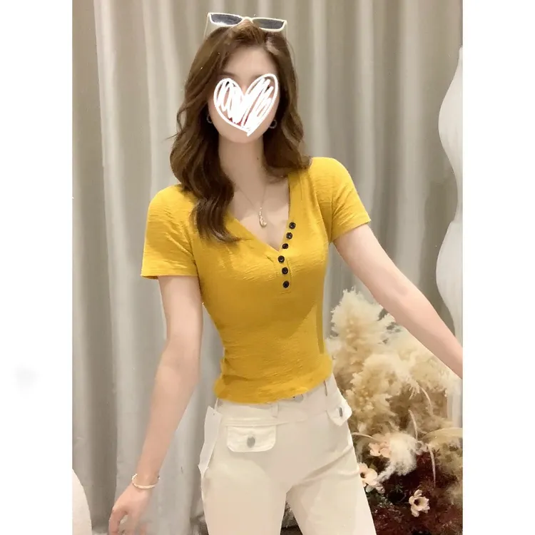 v领短袖女t恤2025新款夏季内搭打底衫显瘦百搭高级感多巴胺上衣