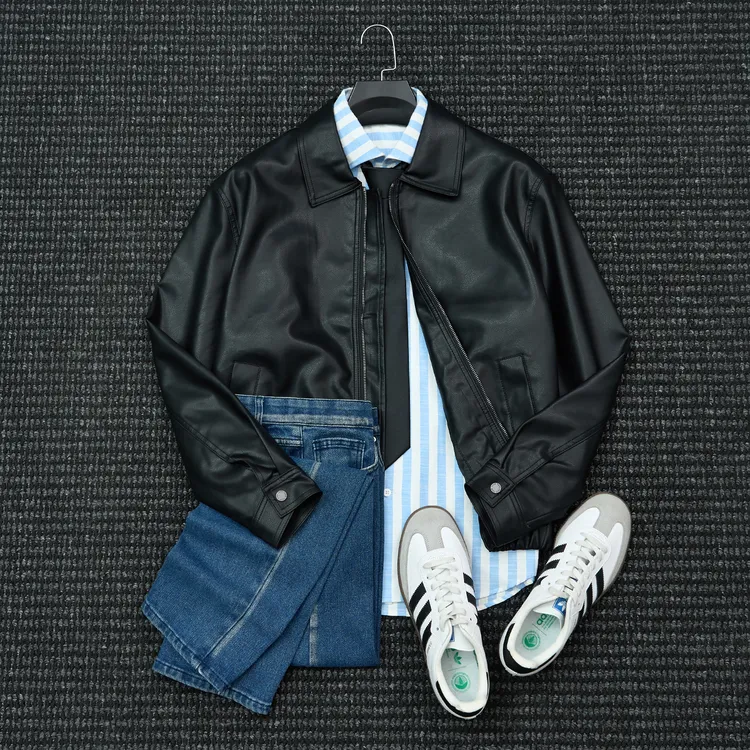 There isrice美式休闲机车皮衣外套男秋季男士翻领黑色短款皮夹克