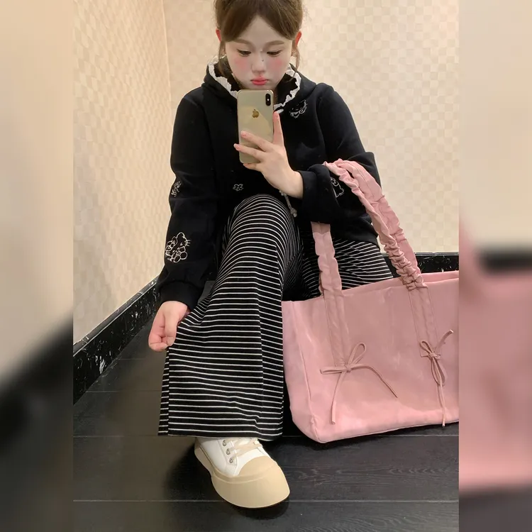 徐达布【洛槐线艺】大码休闲裤女微胖黑白条纹阔腿裤秋K37471C53