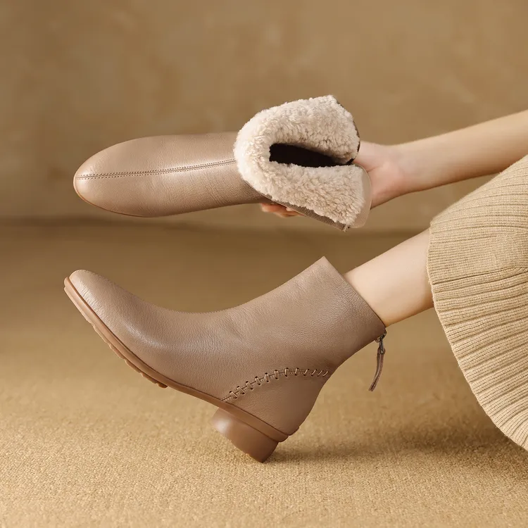 头层羊皮厚底纯羊毛雪地短靴 3cm保暖气质方头中跟粗跟不勒脚女靴