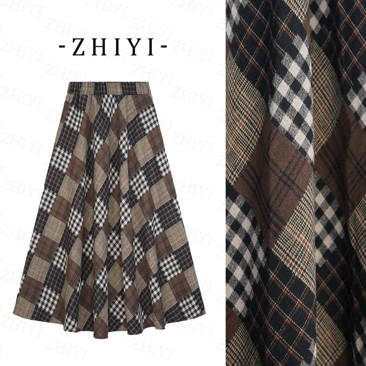 【二个裙长+厚款】韩系复古格纹拼接半身裙女秋冬高腰A字伞垂感裙子