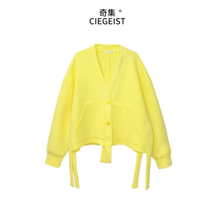 2025秋冬设计师款时尚休闲宽松显瘦百搭飘带长袖开衫短外套7020