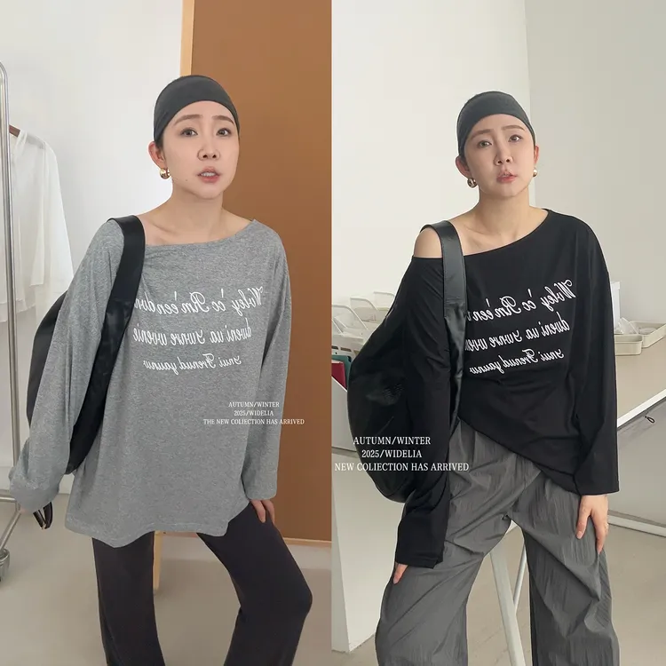 widelia陈姬儿夏季黑色字母斜肩防晒T恤女宽松百搭长袖上衣7355