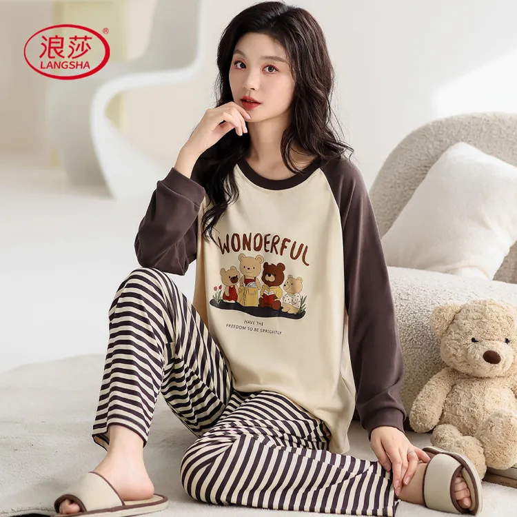 浪莎德绒睡衣女秋冬季卡通圆领长袖加厚保暖薄绒可外穿家居服套装
