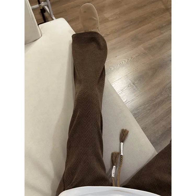 咖啡色人字纹褶皱针织卫裤男款秋季潮牌垂感直筒长裤美式休闲裤子